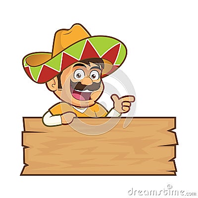 Mexican man with a wooden sign Vector Illustration