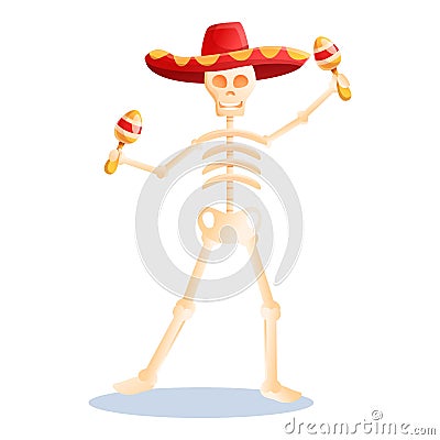 Mexican maracas skeleton icon, cartoon style Vector Illustration