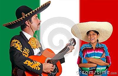 Mexican mariachi charro man and poncho Mexico girl Stock Photo