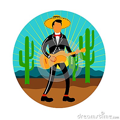 Mexican Mariachi in Desert Circle Retro Vector Illustration