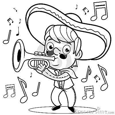 Mexican mariachi man playing the trumpet. Vector black and white coloring page. Vector Illustration