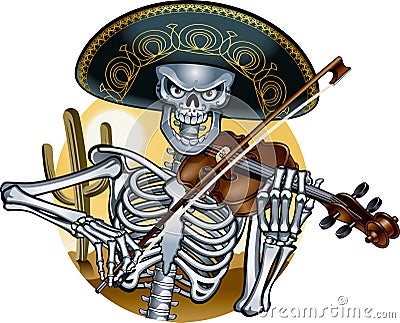 Mexican mariachi skeleton wearing sombrero and playing violin Vector Illustration