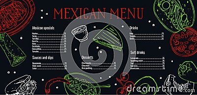 Mexican menu design template. List of dishes and outline illustrations. Hand drawn vector graphic Vector Illustration