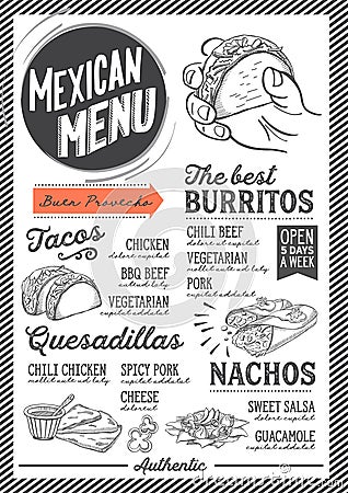 Mexican menu restaurant, food template. Vector Illustration