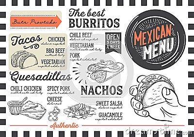 Mexican menu restaurant, food template. Vector Illustration