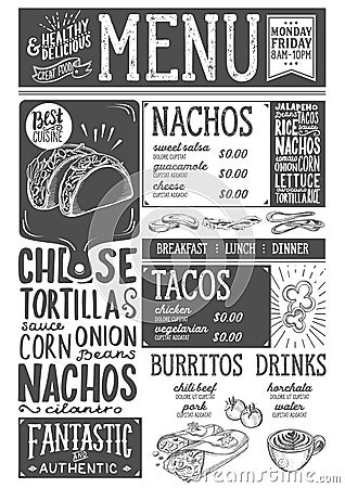Mexican menu restaurant, food template. Vector Illustration