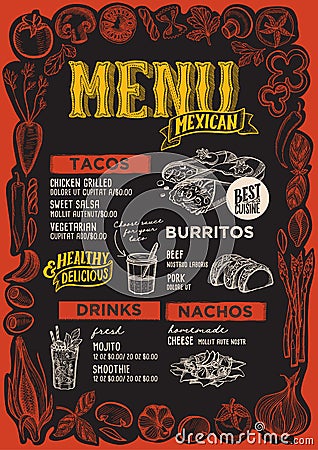 Mexican menu for restaurant with frame of graphic vegetables. Vector Illustration