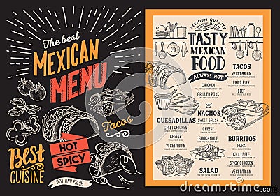 Mexican menu for restaurant. Vector food flyer for bar and cafe. Vector Illustration