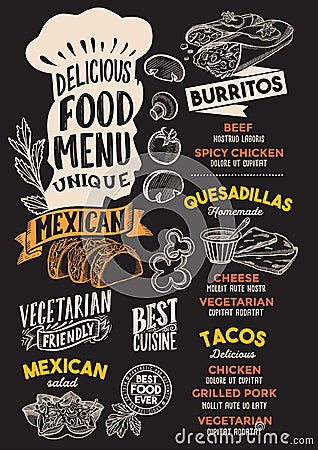 Mexican food menu template for restaurant with chefs hat lettering. Vector Illustration
