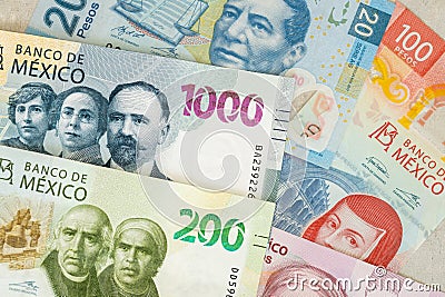 mexican money, all pesos banknotes, business background, mexico currency Stock Photo