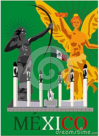 Mexican monuments Diana the huntress, Angel of Independence, monument of Boys heroes of Chapultepec Cartoon Illustration