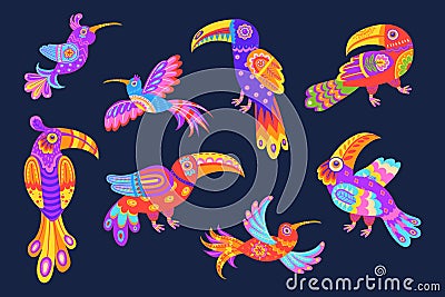 Mexican ornamental birds. Traditional mexico embroidery tropical bird art, alebrije animal with beautiful floral Vector Illustration