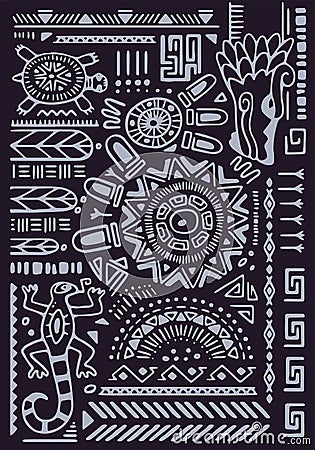 Mexican ornamental wall art, interior decoration in ancient style. Ornament with Aztec symbols, ethnic elements Vector Illustration