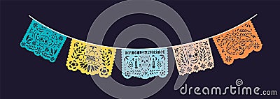 Mexican papel picado laces hanging on string. Mexico festive ornament for Dia de los Muertos means Day of Death and Dead Vector Illustration