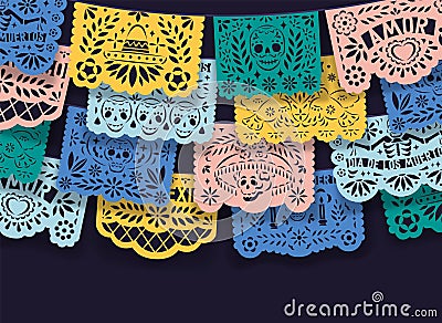 Mexican papel picado, pecked paper laces hanging on string. Mexico decoration for Dia de los Muertos means Day of Dead Vector Illustration