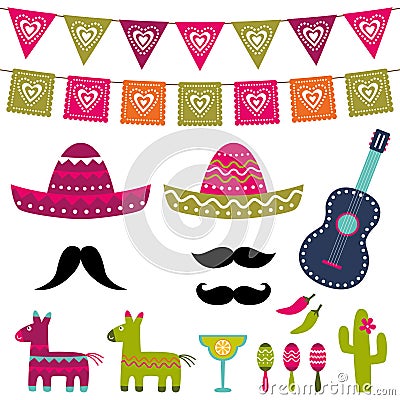 Mexican party decoration and photo booth props vector set Vector Illustration