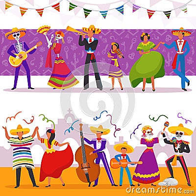 Mexican party people vector illustrations, characters play music and dance, fiesta band party set Vector Illustration