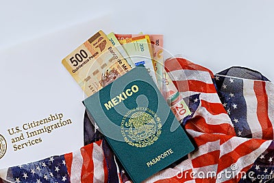 Mexican passport, peso, legalization in United States citizenship is a naturalization immigration process Stock Photo