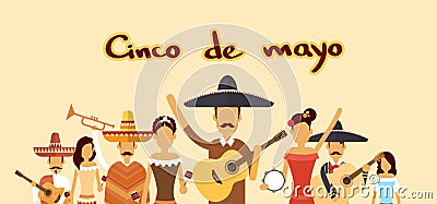 Mexican People Group Wear Traditional Clothes Celebrate Mexico National Holiday Cinco De Mayo Vector Illustration