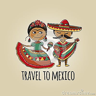 Mexican people in national costumes. Sketch for your design Vector Illustration