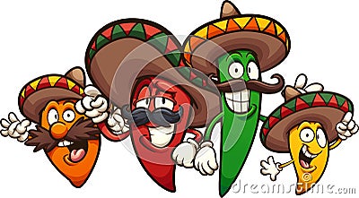Mexican chili peppers of different colors and sizes Vector Illustration