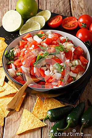 Mexican pico de gallo close-up in a bowl and nachos. vertical Stock Photo