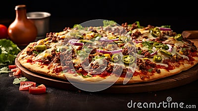 Mexican pizza with tortilla base, with spicy ground beef, cheese, salsa, topped with fresh toppings Stock Photo