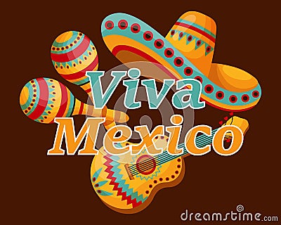 Mexican poster Viva Mexico, sambrero, guitar and maracas. Illustration, banner vector Vector Illustration