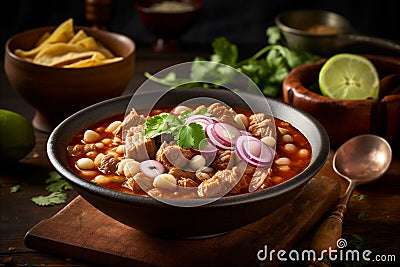 Mexican pozole featuring tender chunks of pork, hominy, flavorful broth, garnished with fresh toppings. AI generated Stock Photo