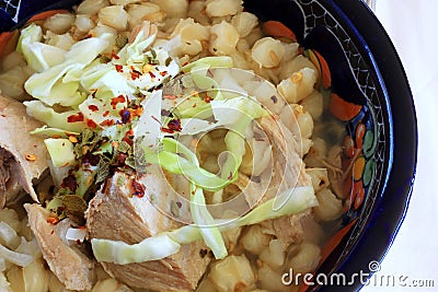 Mexican Pozole Pork and Hominy soup Stock Photo