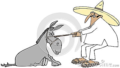 Mexican pulling a stubborn donkey Cartoon Illustration