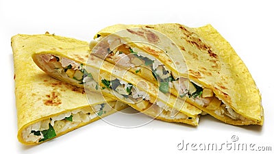 Mexican quesadillas with cheese, vegetables and salsa isolated Stock Photo