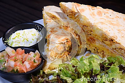 mexican quesadillas with corn tortillas guacamole sala jalapeno typical tex mex food Stock Photo