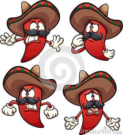 Mexican red chili pepper in different poses Vector Illustration