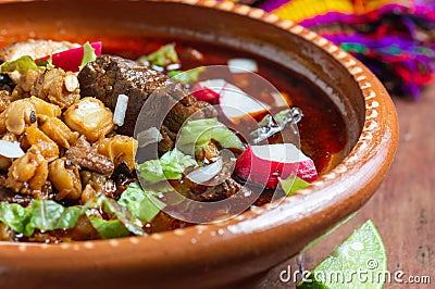 Mexican Red Pozole, Pork and Hominy Stew Stock Photo