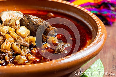 Mexican Red Pozole, Traditional Pork and Hominy Stew Stock Photo