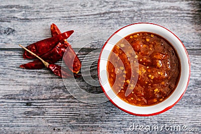 Mexican red sauce made of tomato and chile de arbol , traditional food of Mexico Stock Photo
