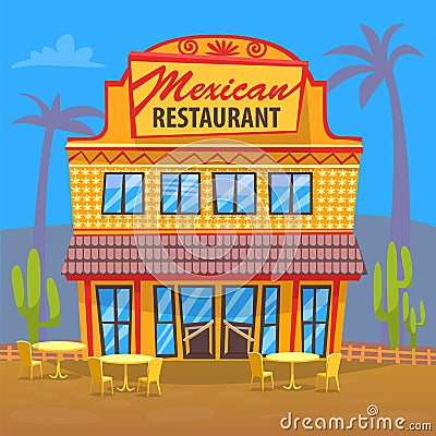 Mexican Restaurant Exterior of Building Eatery Vector Illustration