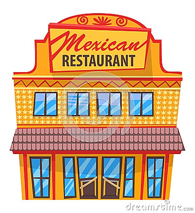 Mexican Restaurant Exterior of Cafe with Signboard Vector Illustration