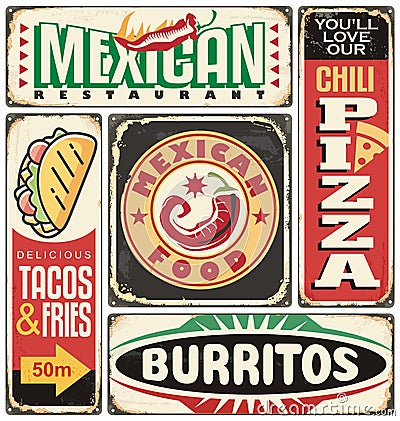 Mexican restaurant retro tin signs collection Vector Illustration