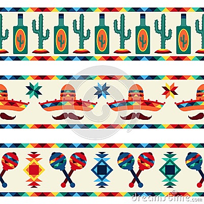 Mexican seamless borders with icons in native Vector Illustration