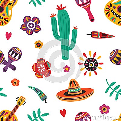 Mexican seamless pattern with traditional Mariachi sombrero, guitar, maracas, cactus, pepper, flowers on white Vector Illustration