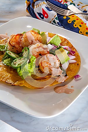 Mexican Shrimp Tostada Taco Stock Photo