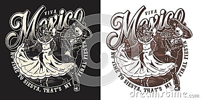 Mexican skeleton couple vintage badge Vector Illustration