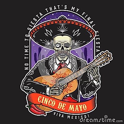 Mexican skeleton with guitar badge Vector Illustration