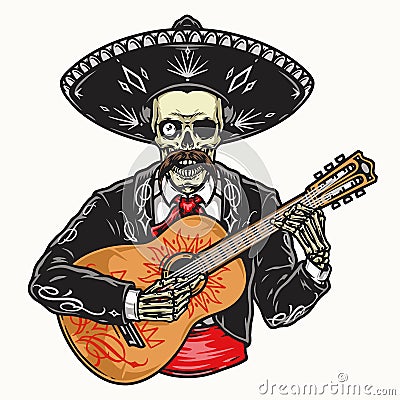 Mexican skeleton musician with one eye Vector Illustration