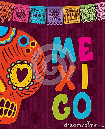 Mexican skull with banner pennant on purple background vector design Vector Illustration