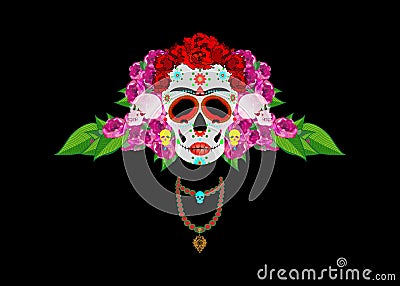 Mexican skull, Calavera with flowers. Decoration for Day of the Dead, Dia de los Muertos. Halloween poster background, isolated Vector Illustration