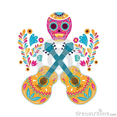 Mexican skull and guitars vector design Vector Illustration