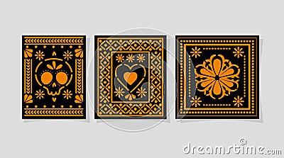 Mexican skull heart and flower in frames vector design Vector Illustration